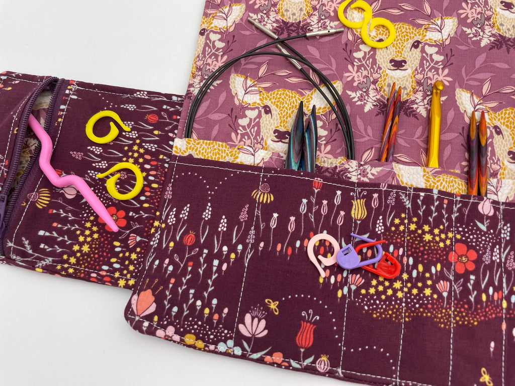 Interchangeable Knitting Needle Case, Knitting Notions Storage. Crochet Hook Roll, Knitting Needle Organizer - Deer Ruby Purple