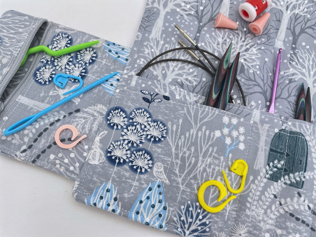 Interchangeable Knitting Needle Case, Knitting Notions Storage, Crochet Hook Roll, Knitting Needle Organizer - Winter Forest