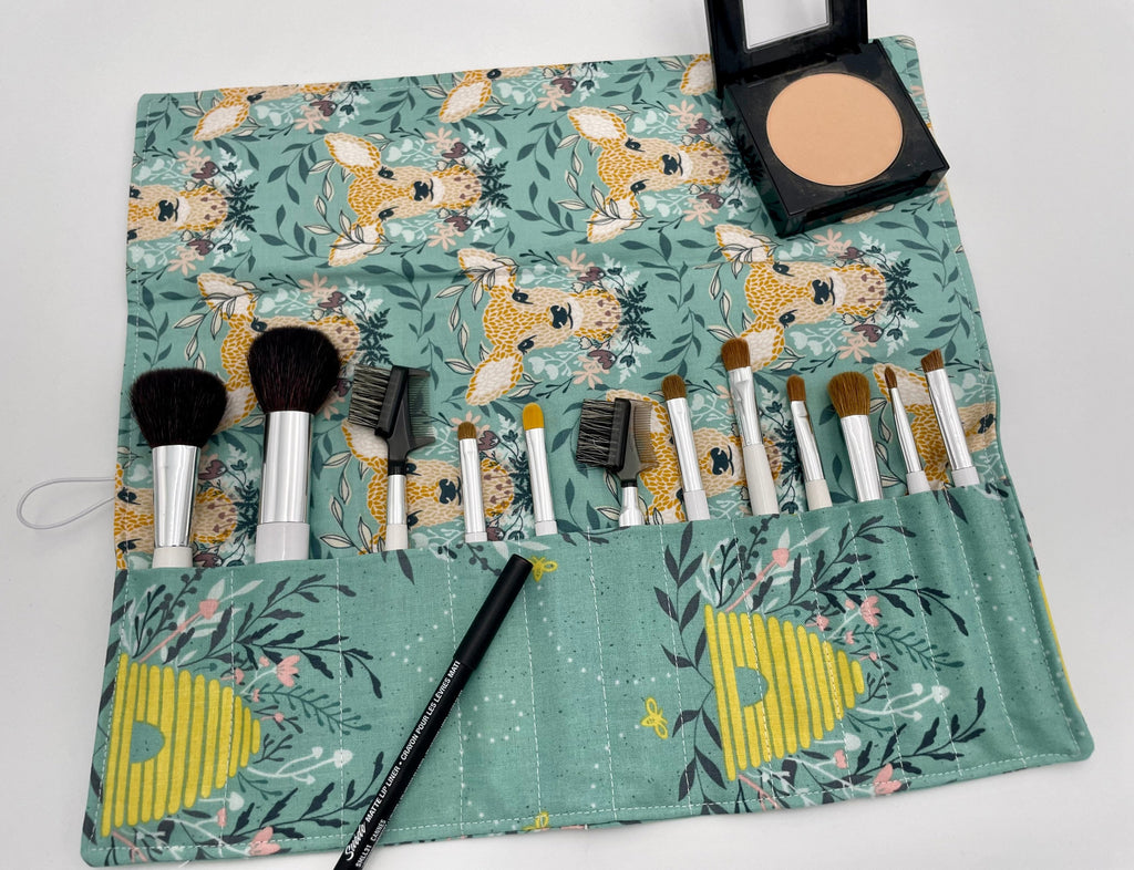 Makeup Brush Holder, Makeup Brush Roll, Makeup Brush Bag, Makeup Brush Organizer, Cosmetic Brush Case - Deer Honeybee Green