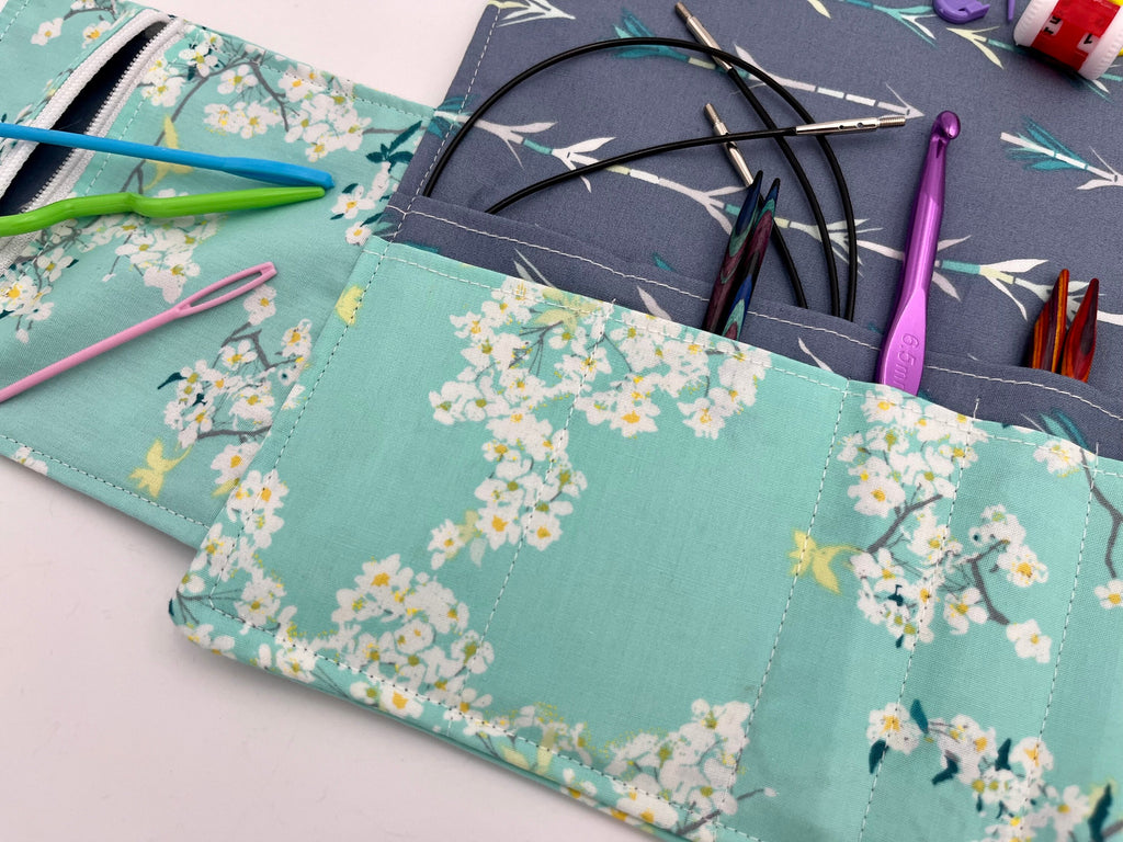 Interchangeable Knitting Needle Case, Knitting Notions Storage, Crochet Hook Roll, Knitting Needle Organizer - Green Floral