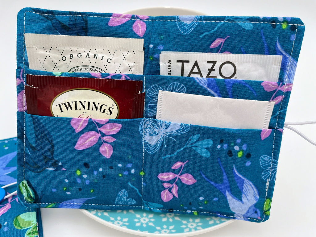 Tea Wallet, Tea Bag Holder, Tea Bag Wallet, Teabag Wallet, Teabag Holder, Tea Bag Cozy - Anew Birds Teal Blue