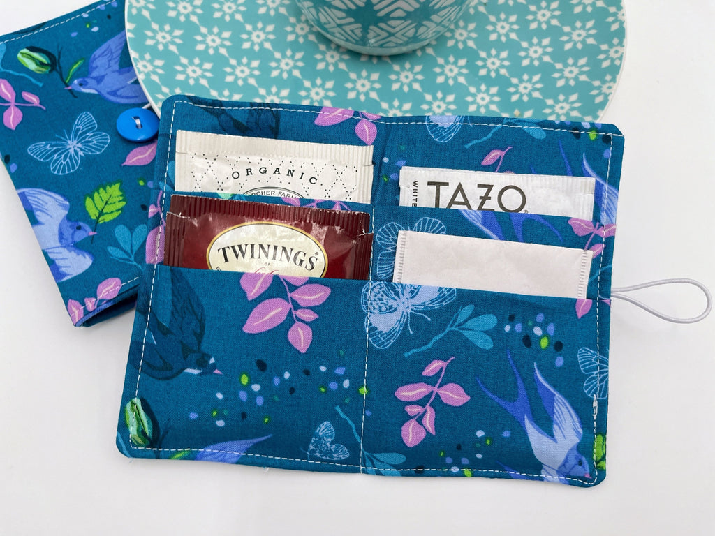 Tea Wallet, Tea Bag Holder, Tea Bag Wallet, Teabag Wallet, Teabag Holder, Tea Bag Cozy - Anew Birds Teal Blue
