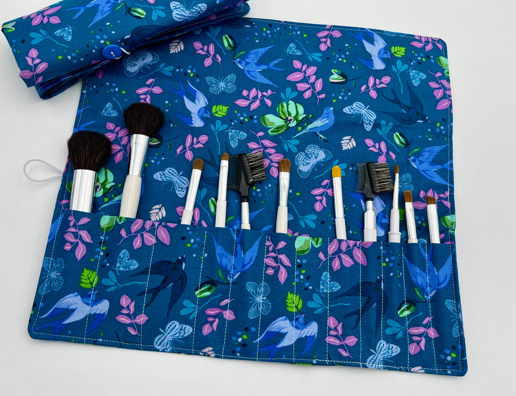 Blue Makeup Brush Roll, Makeup Brush Organizer, Makeup Brush Holder, Makeup Brush Bag, Cosmetic Brush Roll - Anew Birds Teal Blue