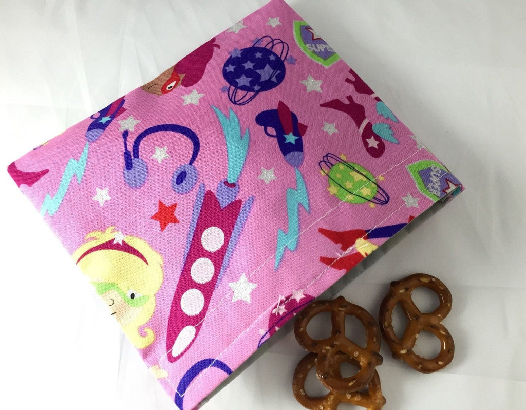 Superhero Girls Snack, Pink Reusable Snack Baggie for School Lunch - EcoHip Custom Designs