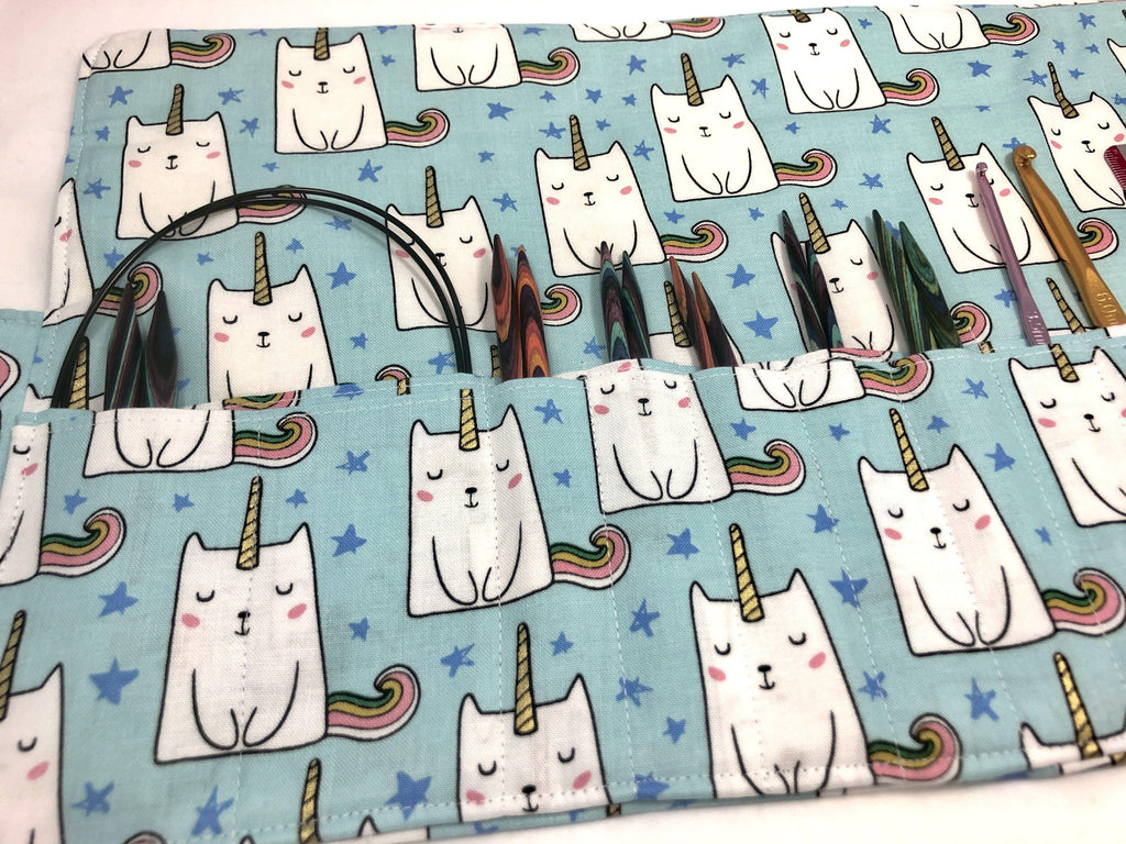 Knitting Needle Case, Interchangeable Knitting Needle Storage, Crochet Hook Roll, Cats - EcoHip Custom Designs