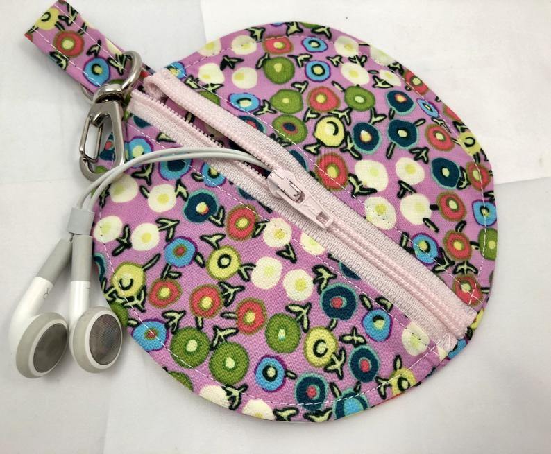 Pink Earphone Case, Earbud Case, Pacifier Pouch, Teacher's Gift, Dots - EcoHip Custom Designs