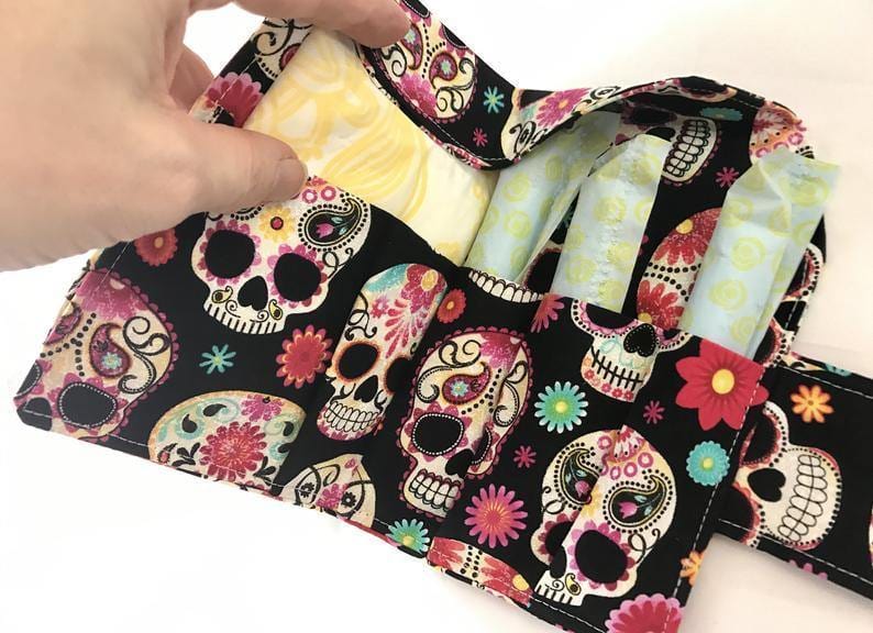 Privacy Tampon and Sanitary Pad Bag Holder, Feminine Products Cozy, Wallet, Sugar Skulls - EcoHip Custom Designs