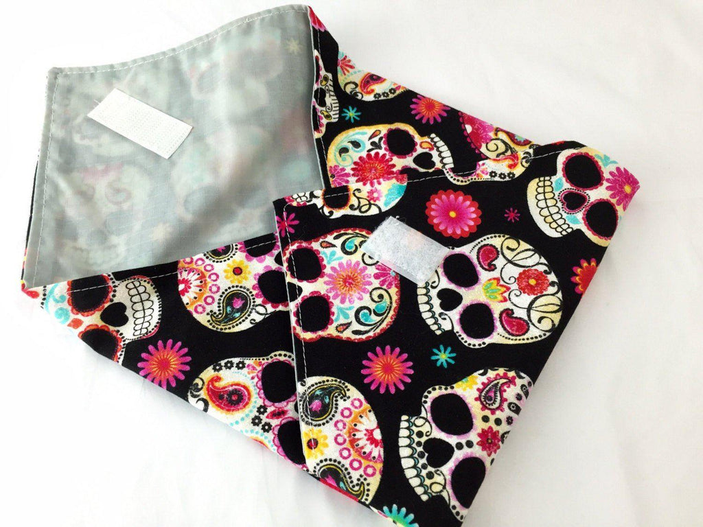 Reusable Sandwich Bag Wrap, Sugar Skulls, Black Fabric - EcoHip Custom Designs