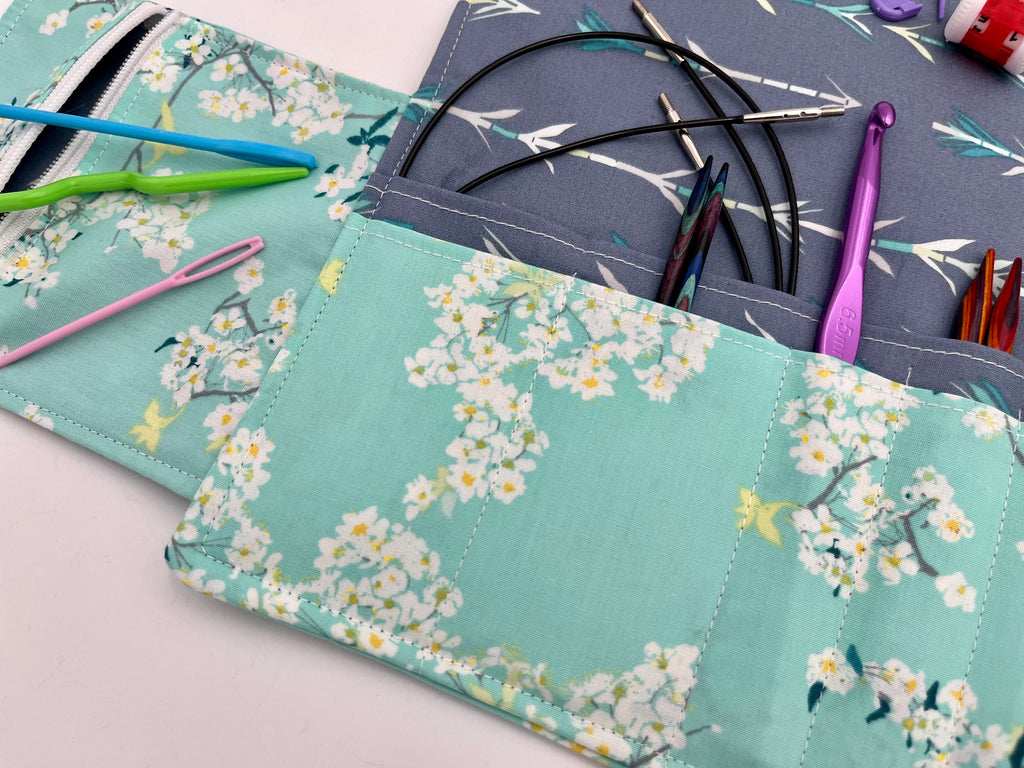 Interchangeable Knitting Needle Case, Knitting Notions Storage, Crochet Hook Roll, Knitting Needle Organizer - Green Floral
