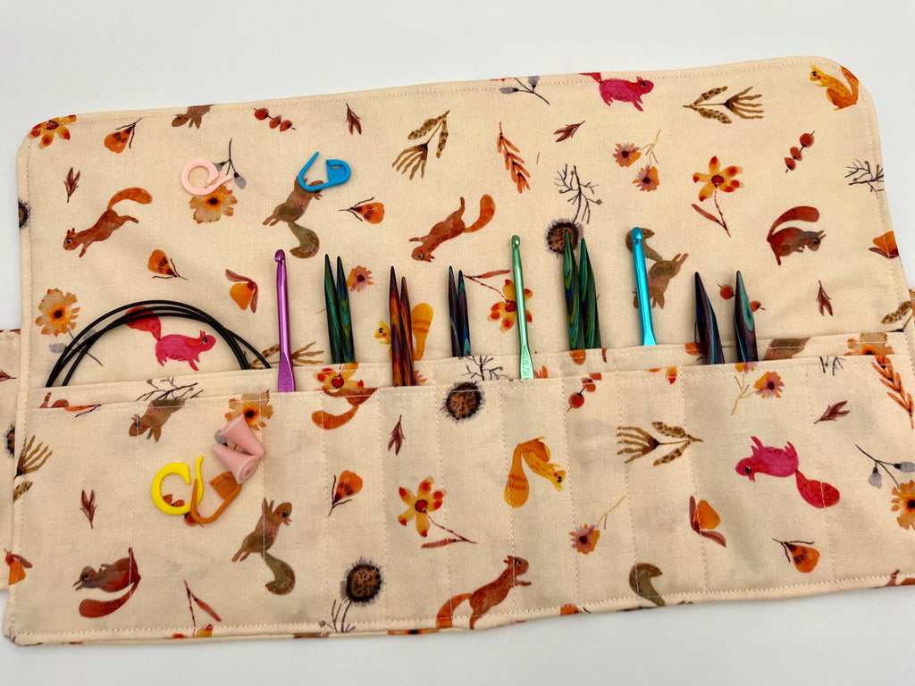 Interchangeable Knitting Needle Case, Knitting Notions Storage, Crochet Hook Roll, Knitting Needle Organizer - Autumn Squirrels