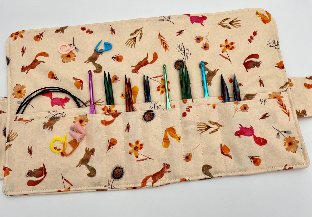 Interchangeable Knitting Needle Case, Knitting Notions Storage, Crochet Hook Roll, Knitting Needle Organizer - Autumn Squirrels