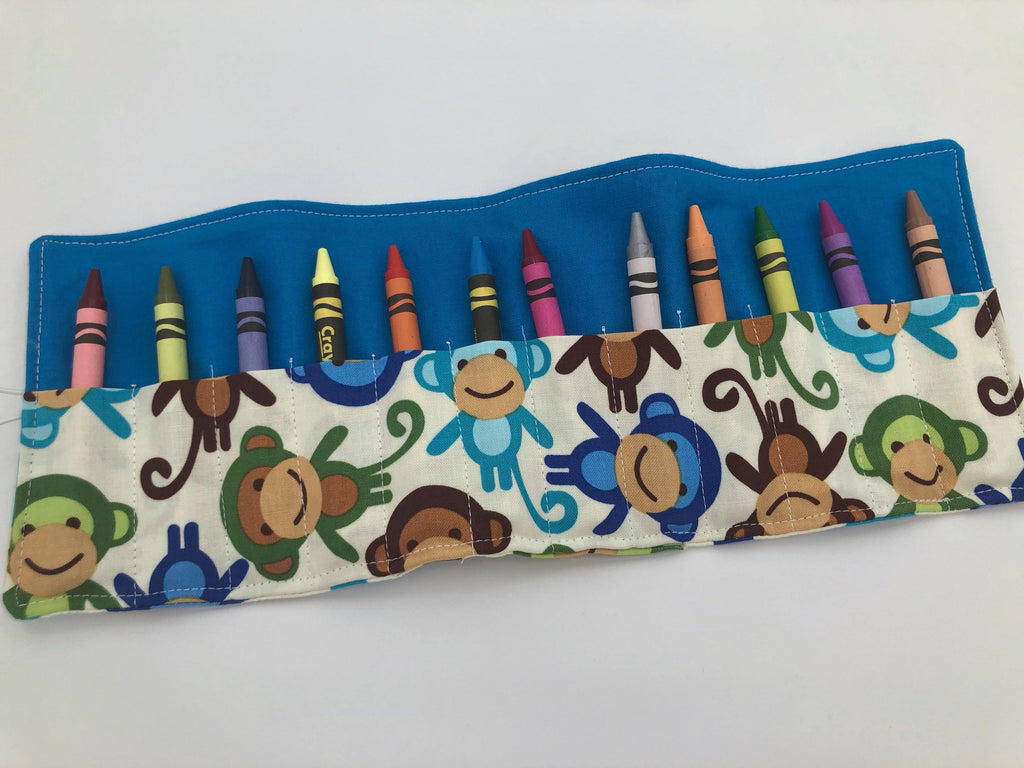 Blue Monkeys Crayon Roll, Preschooler Travel Toy, Animal Crayon Case - EcoHip Custom Designs