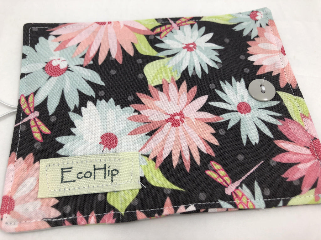Gray Floral Tea Caddy, Purse Organizer, Small Wallet, Teabag Case, Pink Daisies - EcoHip Custom Designs