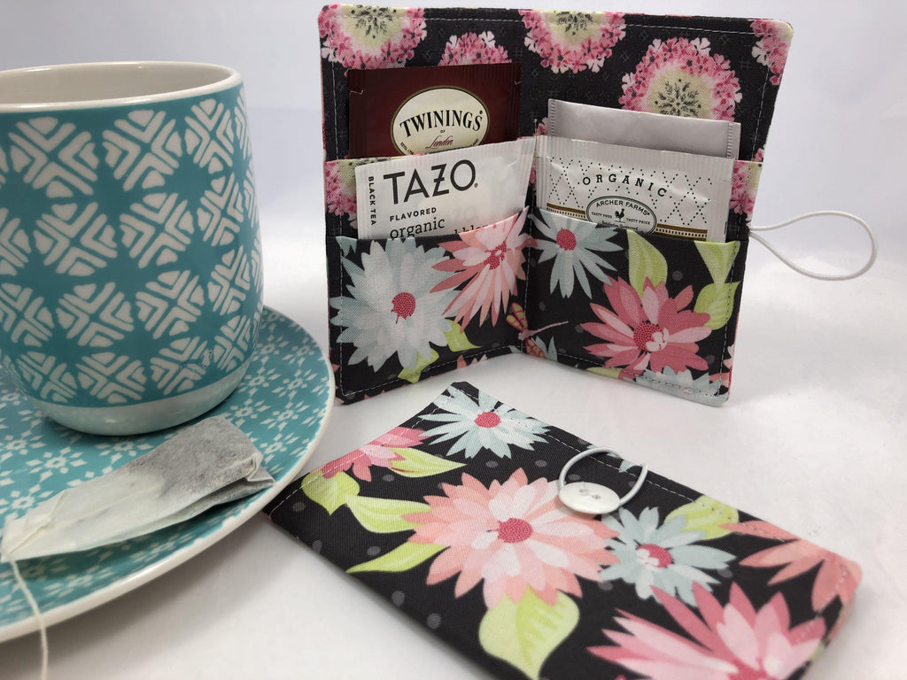 Gray Floral Tea Caddy, Purse Organizer, Small Wallet, Teabag Case, Pink Daisies - EcoHip Custom Designs