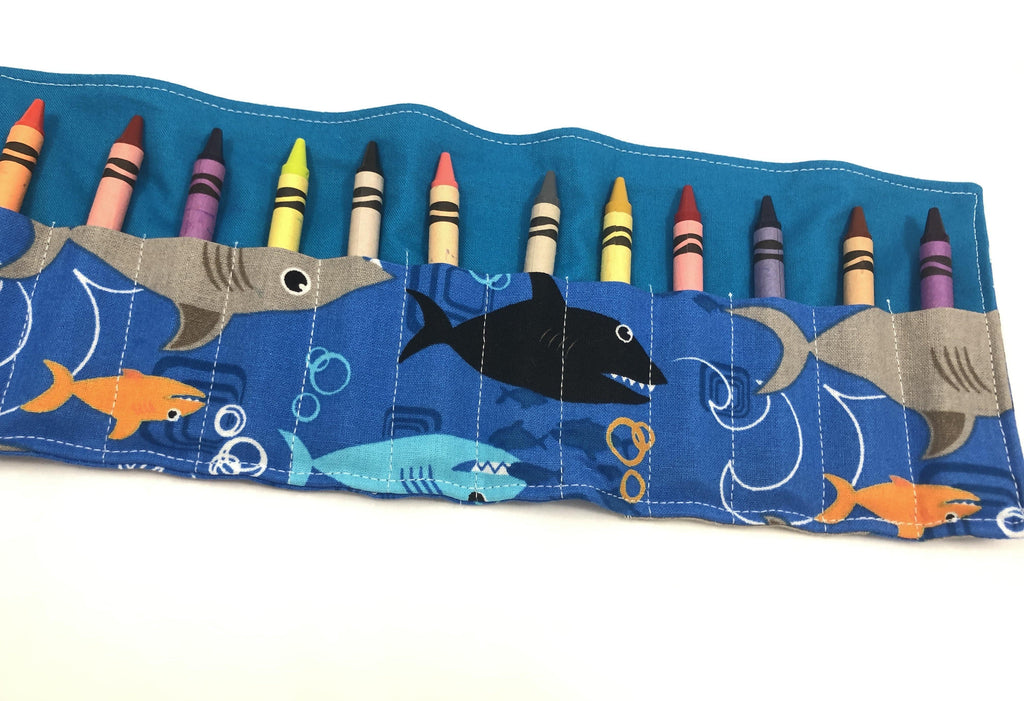 Sharks Crayon Roll, Toddler Travel Toy, Boy's Crayon Case, Crayon Wallet, Blue - EcoHip Custom Designs
