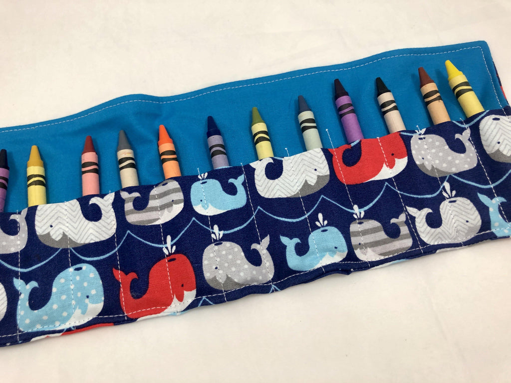 Whales Crayon Roll, Kid's Crayon Case, Diaper Bag Travel Toy, Ocean, Fish, Blue - EcoHip Custom Designs