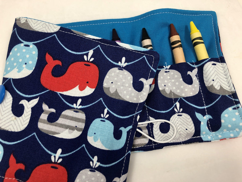 Whales Crayon Roll, Kid's Crayon Case, Diaper Bag Travel Toy, Ocean, Fish, Blue - EcoHip Custom Designs
