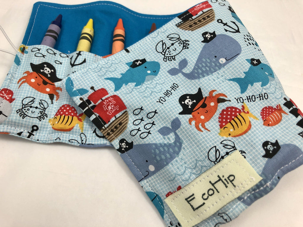 Pirate Crayon Roll, Boy's Crayon Case, Pirate Birthday, Ocean Animals, Blue - EcoHip Custom Designs