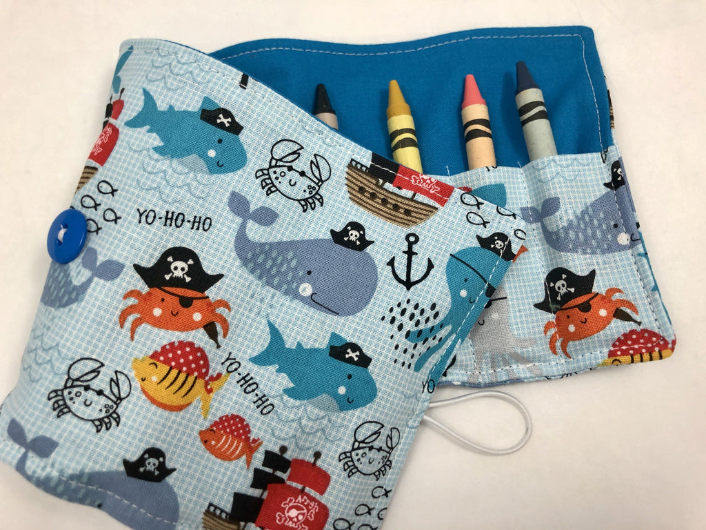 Pirate Crayon Roll, Boy's Crayon Case, Pirate Birthday, Ocean Animals, Blue - EcoHip Custom Designs
