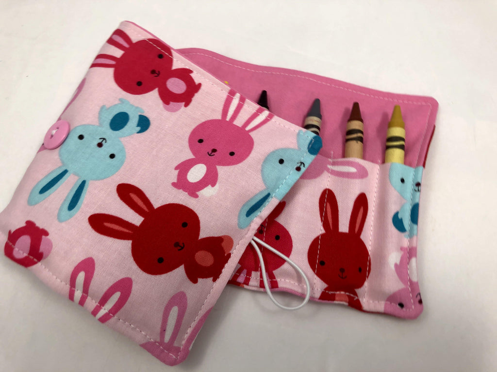Bunny Rabbit Crayon Roll, Girl's Stocking Stuffer, Pink Crayon Wallet, Animal Crayon Case - EcoHip Custom Designs