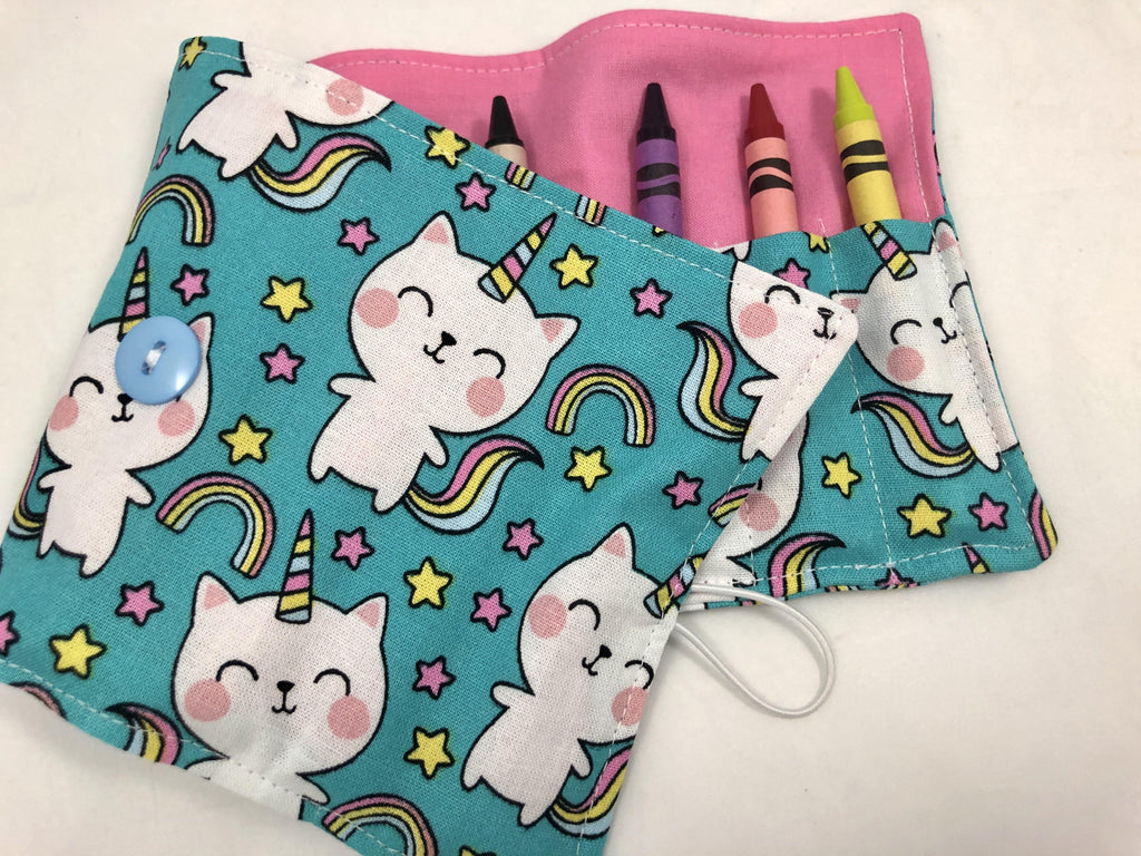 Unicorn Crayon Roll, Girl's Stocking Stuffer, Kitty Cat Crayon Wallet, Blue - EcoHip Custom Designs