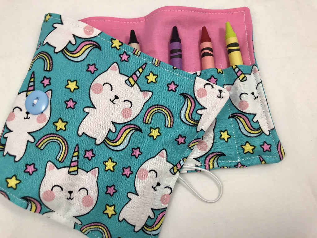 Unicorn Crayon Roll, Girl's Stocking Stuffer, Kitty Cat Crayon Wallet, Blue - EcoHip Custom Designs