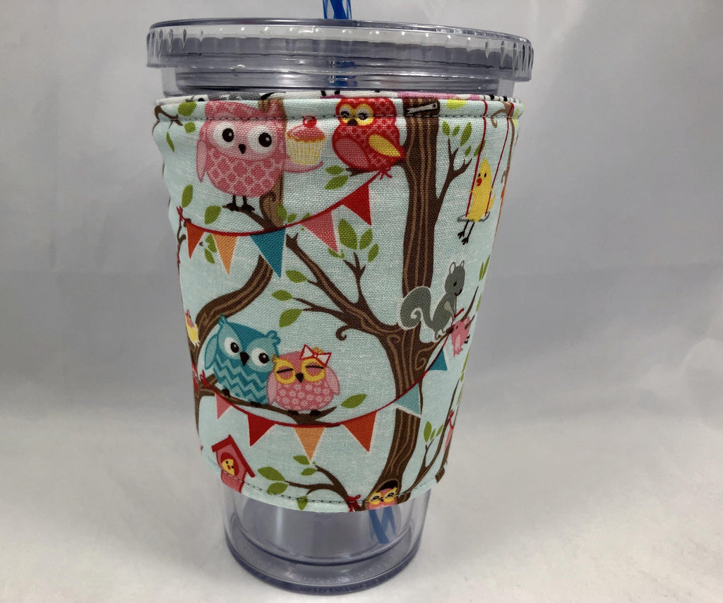 Owl Reversible Coffee Cozy, Bird Insulated Hot Drink Sleeve, Iced Coffee Cuff - EcoHip Custom Designs
