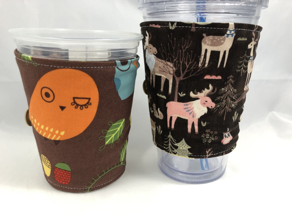 Animal Reversible Coffee Cozy, Insulated Drink Sleeve, Owl Coffee Cup Cuff - EcoHip Custom Designs