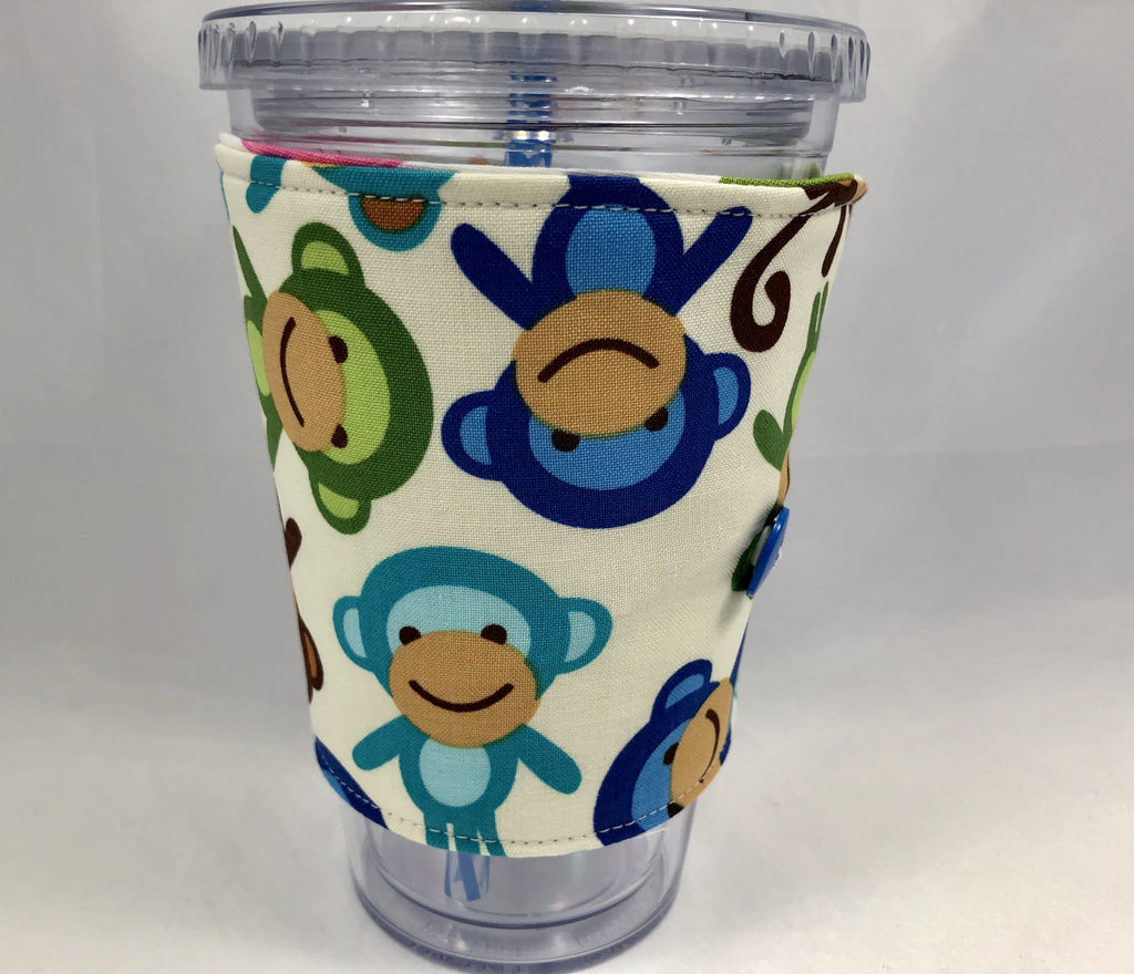 Birds Reversible Coffee Cozy, Insulated Coffee Cup Sleeve, Iced Coffee Cozy, Monkey - EcoHip Custom Designs