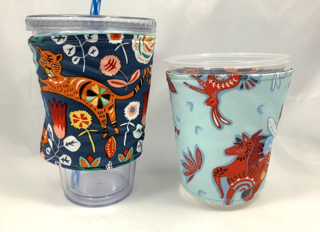 Tiger Reversible Coffee Cozy, Blue Coffee Sleeve, Insulated Cold Drink Cozy, Animals - EcoHip Custom Designs
