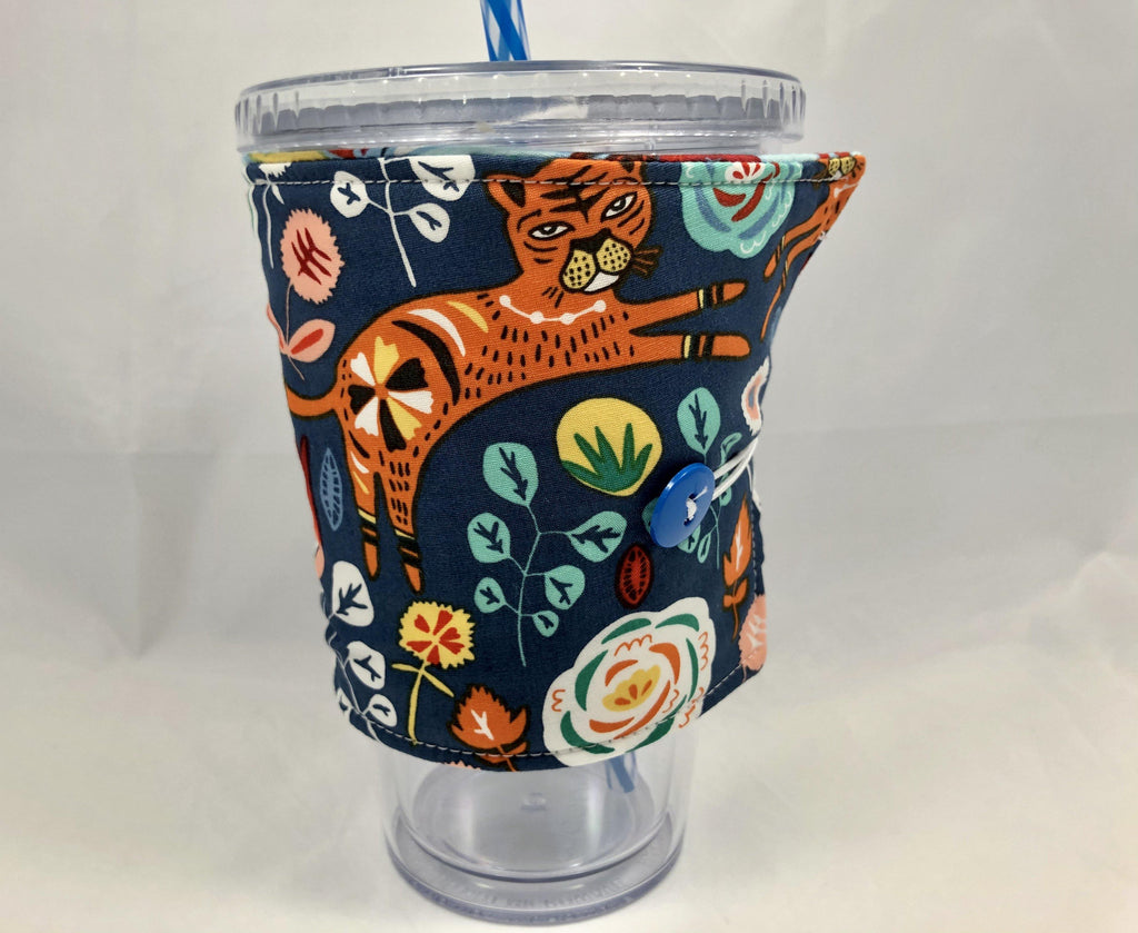 Tiger Reversible Coffee Cozy, Blue Coffee Sleeve, Insulated Cold Drink Cozy, Animals - EcoHip Custom Designs