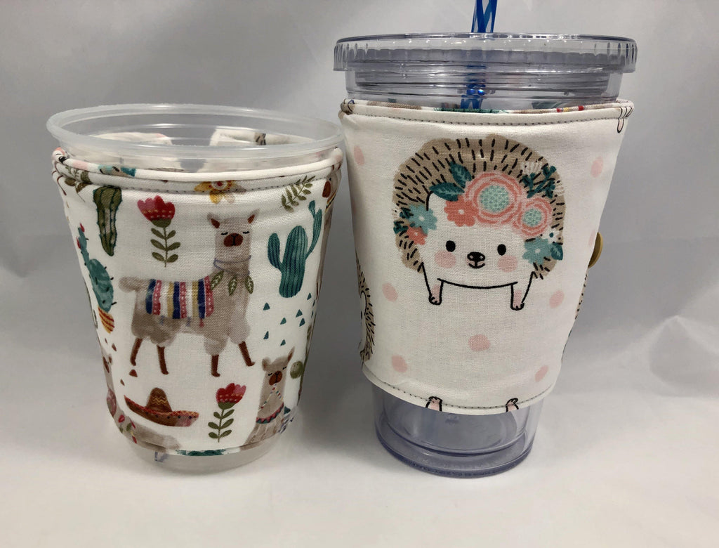 Llama Reversible Coffee Cozy, Hedgehog Iced Coffee Sleeve, Insulated Drink Cozy - EcoHip Custom Designs