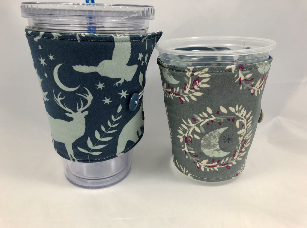 Animal Reversible Coffee Cozy, Iced Coffee Cup Sleeve, Hot Drink Cuff, Moon Glow - EcoHip Custom Designs