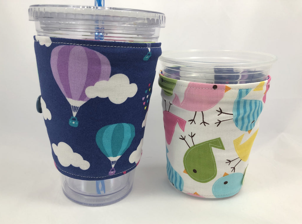 Birds Reversible Coffee Cozy, Insulated Coffee Cup Sleeve, Iced Coffee Cozy, Air Balloon - EcoHip Custom Designs