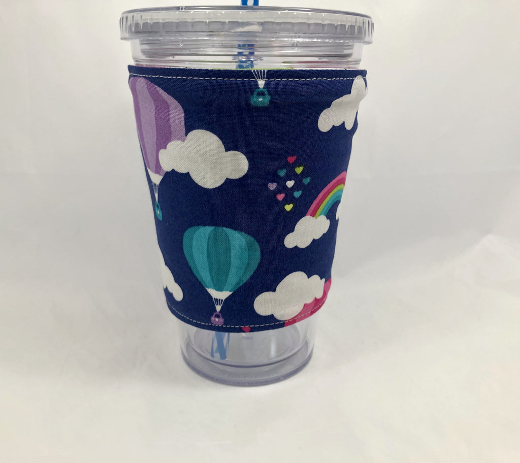 Birds Reversible Coffee Cozy, Insulated Coffee Cup Sleeve, Iced Coffee Cozy, Air Balloon - EcoHip Custom Designs