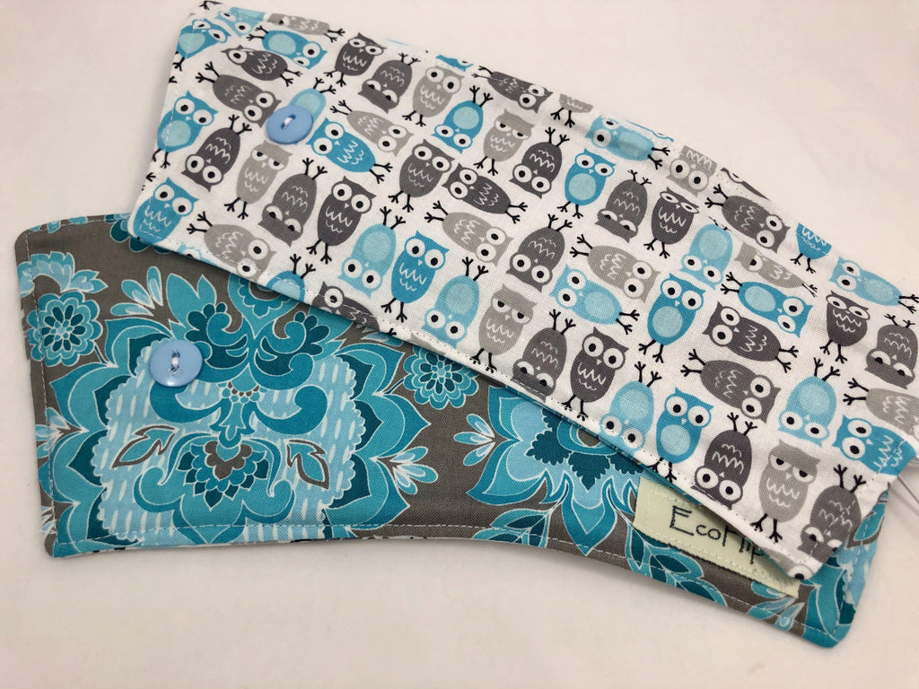 Blue Owls Reversible Coffee Cozy, Gray Coffee Sleeve, Iced Drink Cup Cozy - EcoHip Custom Designs