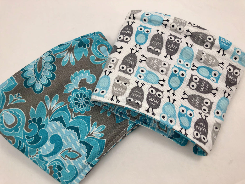 Blue Owls Reversible Coffee Cozy, Gray Coffee Sleeve, Iced Drink Cup Cozy - EcoHip Custom Designs