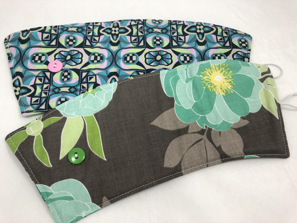 Floral Teal Reversible Coffee Cozy, Gray Iced Coffee Cup Sleeve, Insulated Drink Cozy - EcoHip Custom Designs