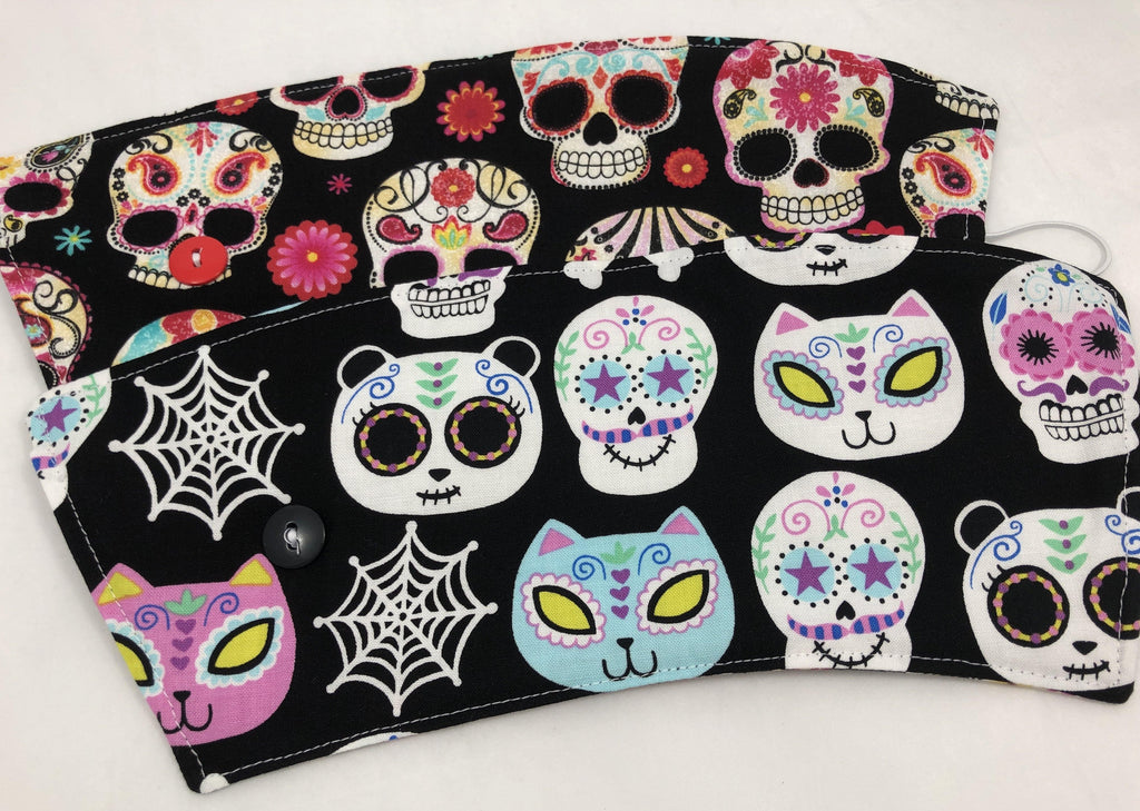Sugar Skull Reversible Coffee Cozy, Insulated Iced Coffee Cup Sleeve, Day of the Dead - EcoHip Custom Designs