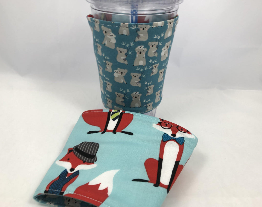 Foxes Reversible Coffee Cozy,  Koala Bear Coffee Cup Sleeve, Blue - EcoHip Custom Designs