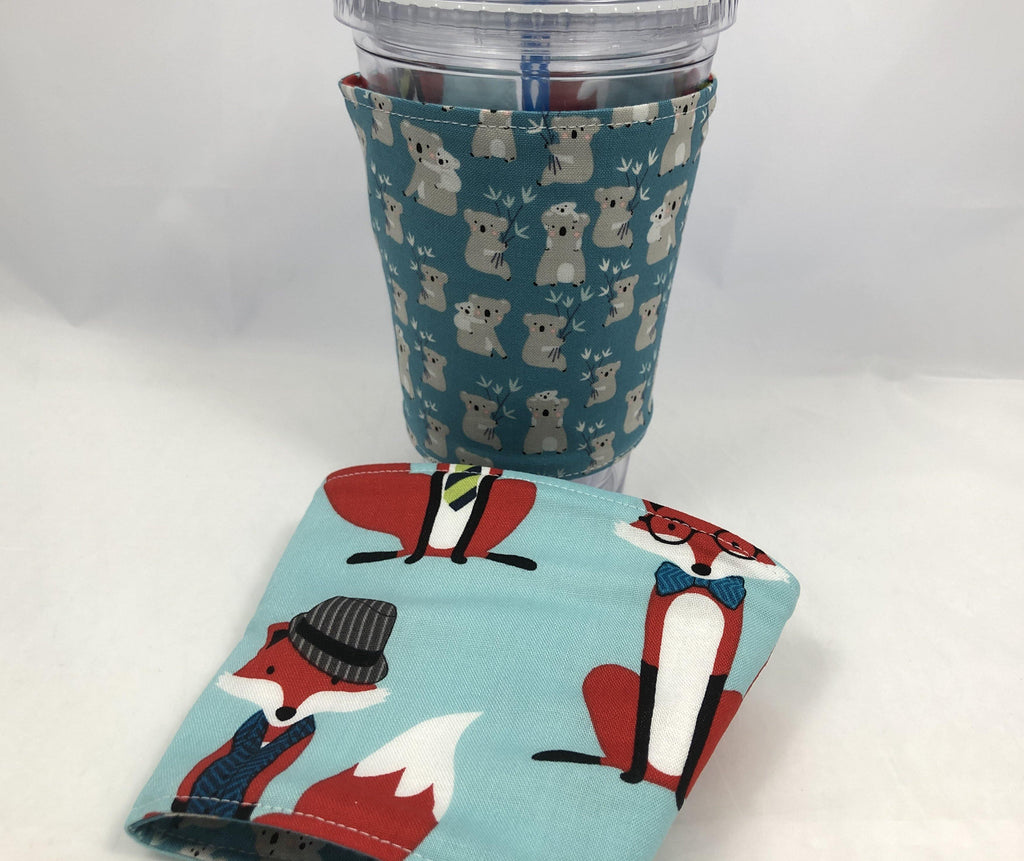 Foxes Reversible Coffee Cozy,  Koala Bear Coffee Cup Sleeve, Blue - EcoHip Custom Designs