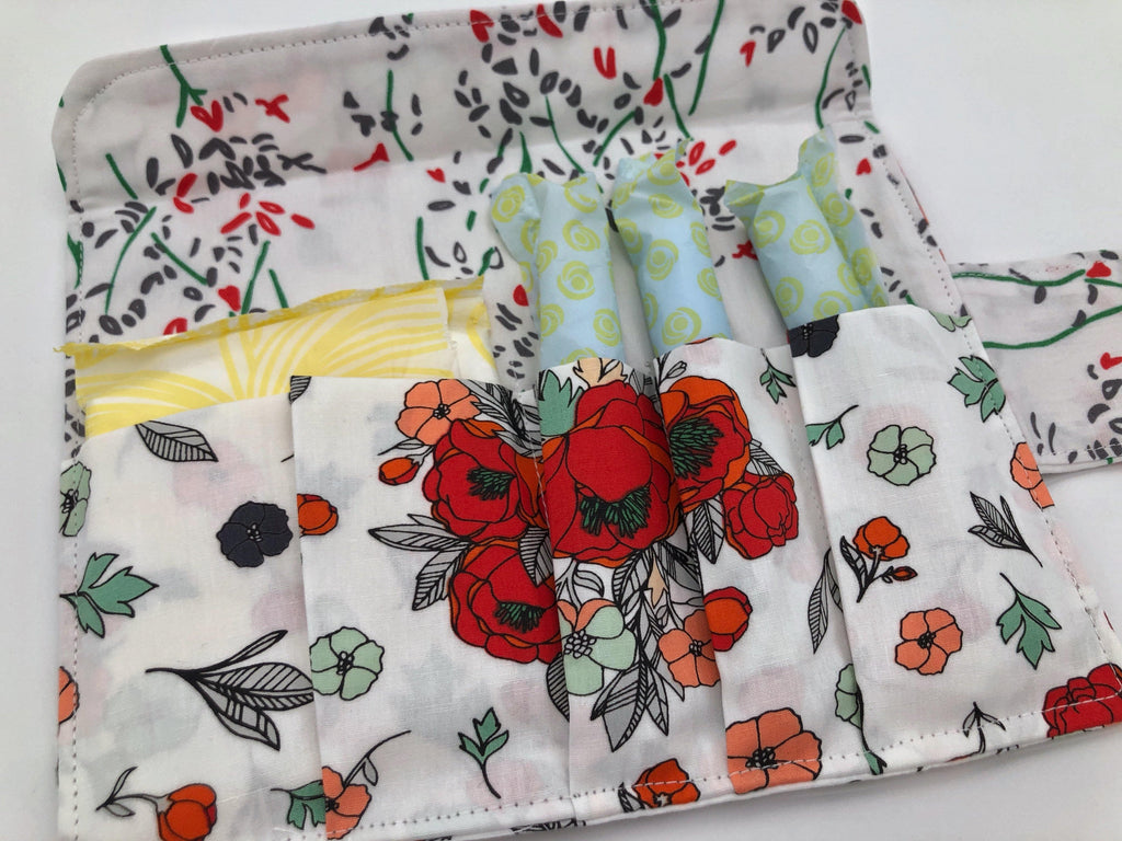 Red Floral Tampon Case, Sanitary Pad Bag, Shark Week Privacy Wallet - EcoHip Custom Designs