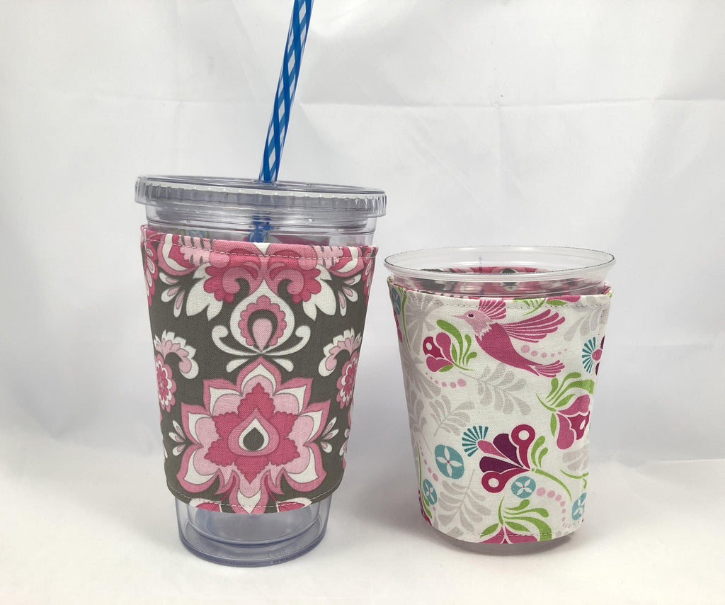 Pink Damask Reversible Coffee Cozy, Pink Bird Drink Sleeve, Insulated Drink Holder - EcoHip Custom Designs