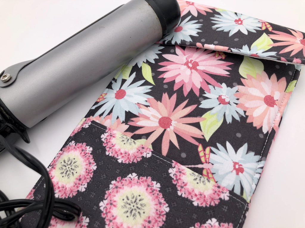 Pink Floral Curling Wand Case, Travel Flat Iron Cover, Heat Resistant Bag, Gray - EcoHip Custom Designs