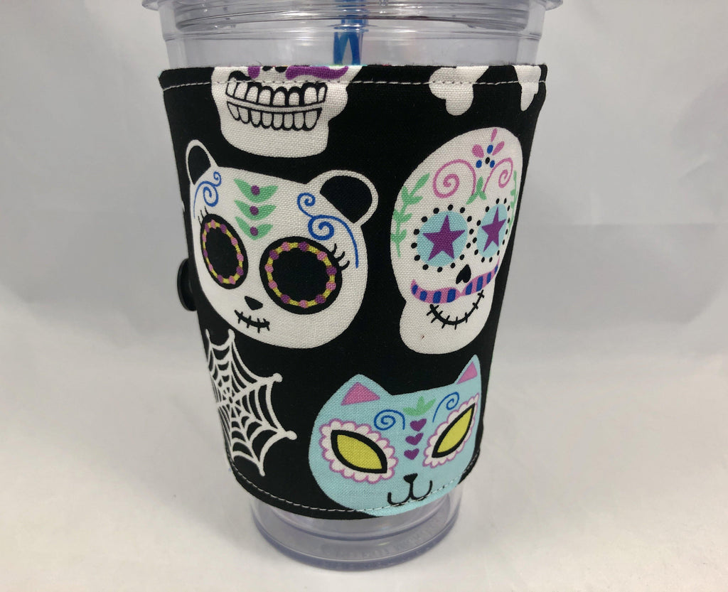 Sugar Skull Reversible Coffee Cozy, Insulated Iced Coffee Cup Sleeve, Day of the Dead - EcoHip Custom Designs