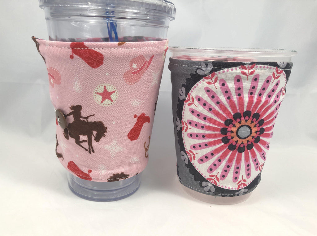 Cowgirl Reversible Coffee Cozy, Pink Cowboy Coffee Sleeve, Coffee Lover - EcoHip Custom Designs