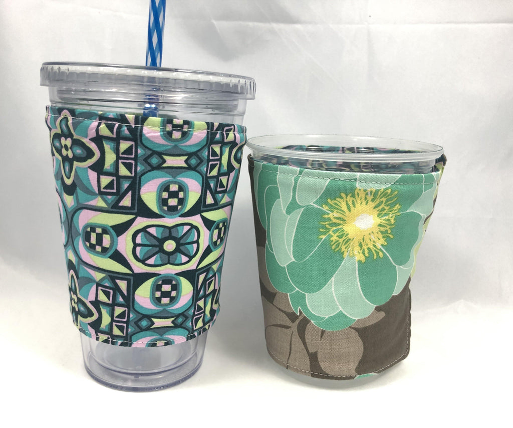 Floral Teal Reversible Coffee Cozy, Gray Iced Coffee Cup Sleeve, Insulated Drink Cozy - EcoHip Custom Designs
