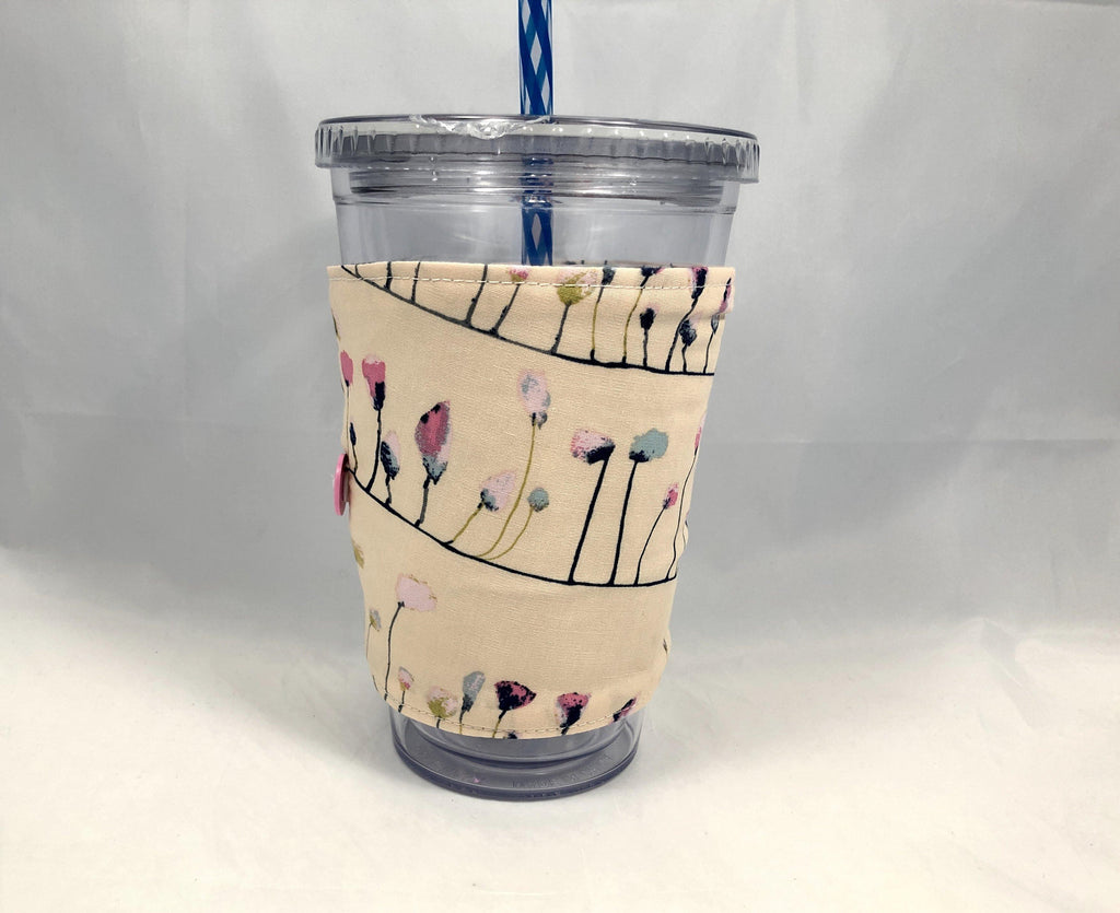 Petals Reversible Coffee Cozy, Retro Iced Drink Cup Sleeve, Hot Tea Lovers - EcoHip Custom Designs