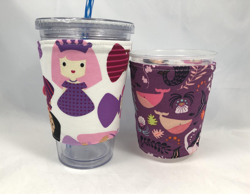 Clearance, Princess Reversible Coffee Cozy, Mermaid Iced Coffee Cup Sleeve, Hot Drink Cozy - EcoHip Custom Designs