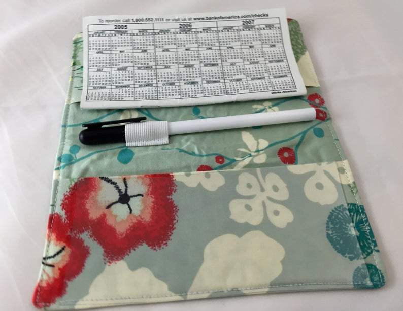 Blue Checkbook Cover, Duplicate Check Book Register, Pen Holder, Red - EcoHip Custom Designs